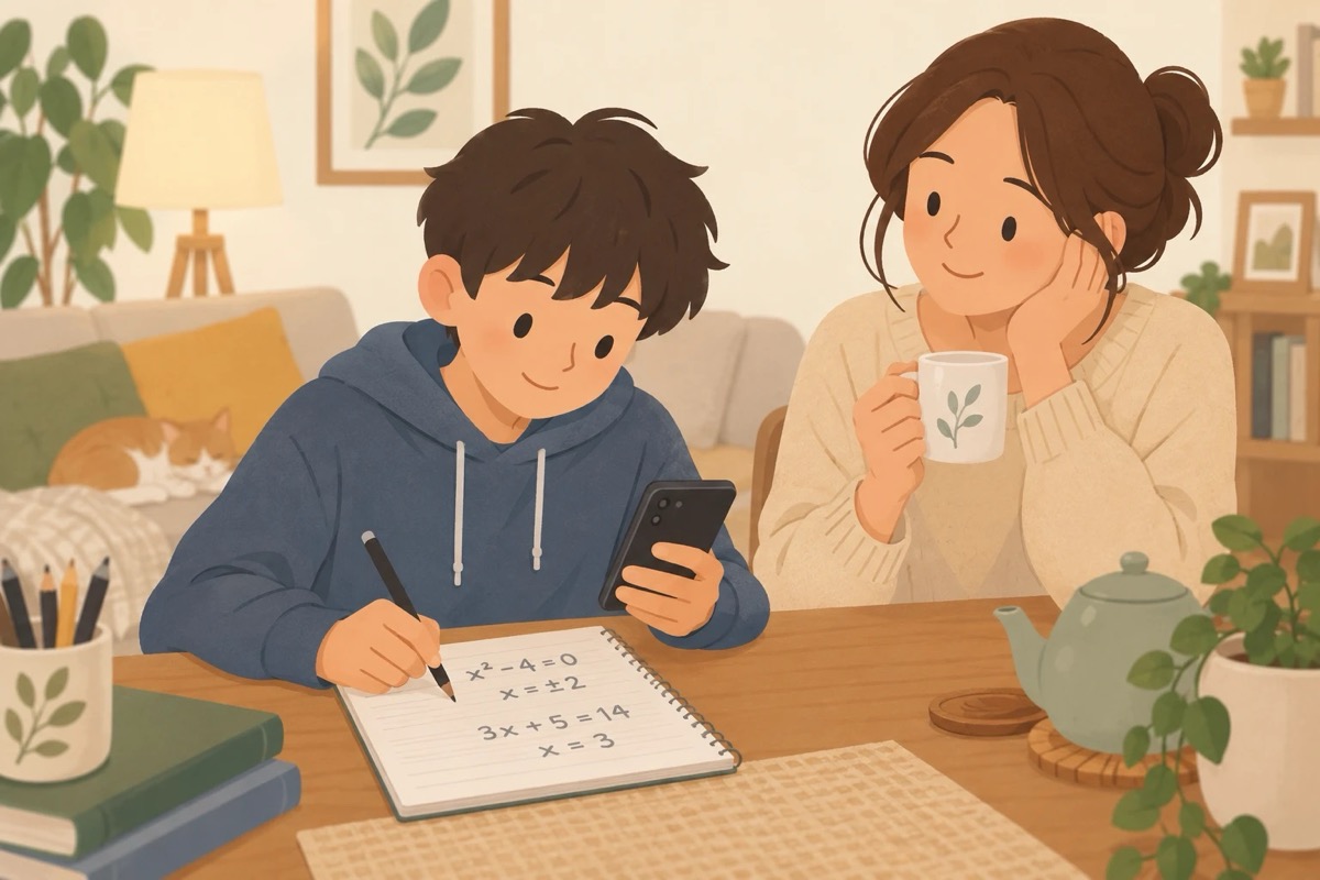 リビングで、中学生がスマホを見ながらノートに式を書き、横で保護者がお茶を飲んで見守っているイラスト