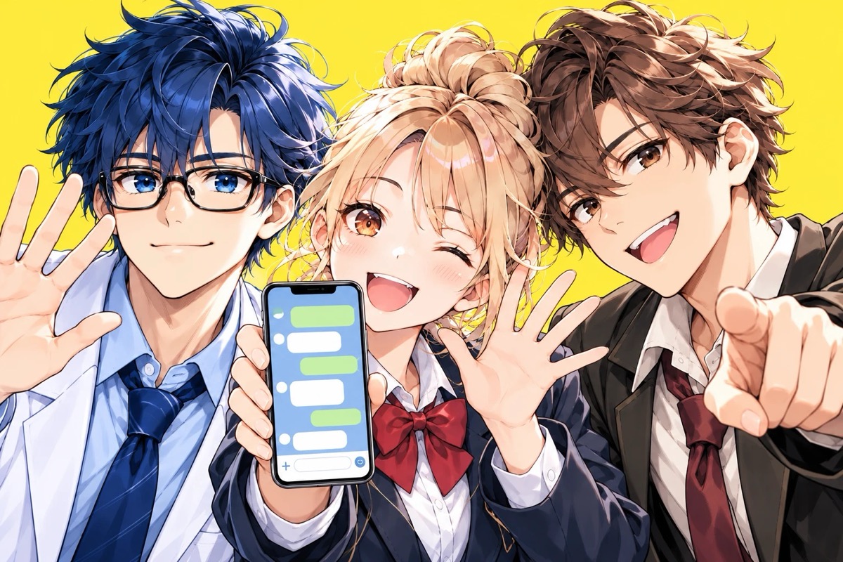 ケイ先生・エマ先生・リク先生が、スマホを見せながら手を振っているイラスト