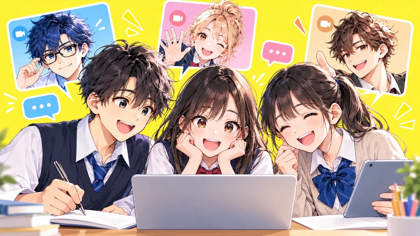 ノートパソコンとタブレットで楽しそうに学ぶ中学生3人。画面の向こうにケイ先生・エマ先生・リク先生