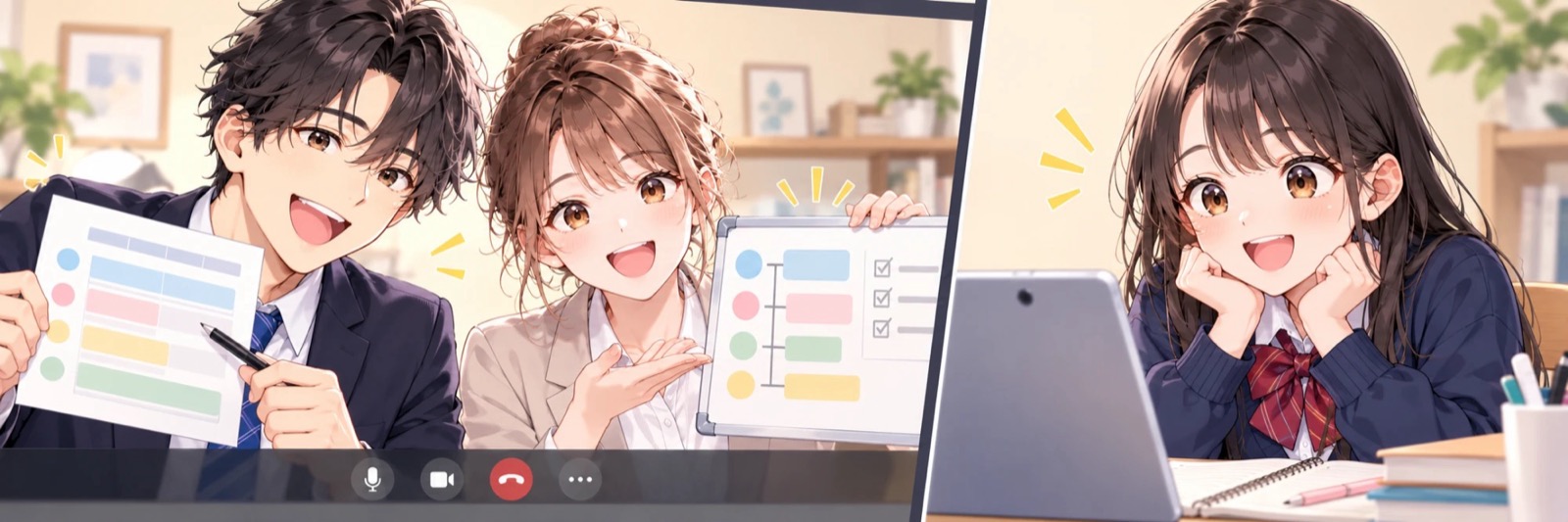 ビデオ通話で、先生2人が学習計画の紙とホワイトボードを見せ、生徒が笑顔で聞いているイラスト