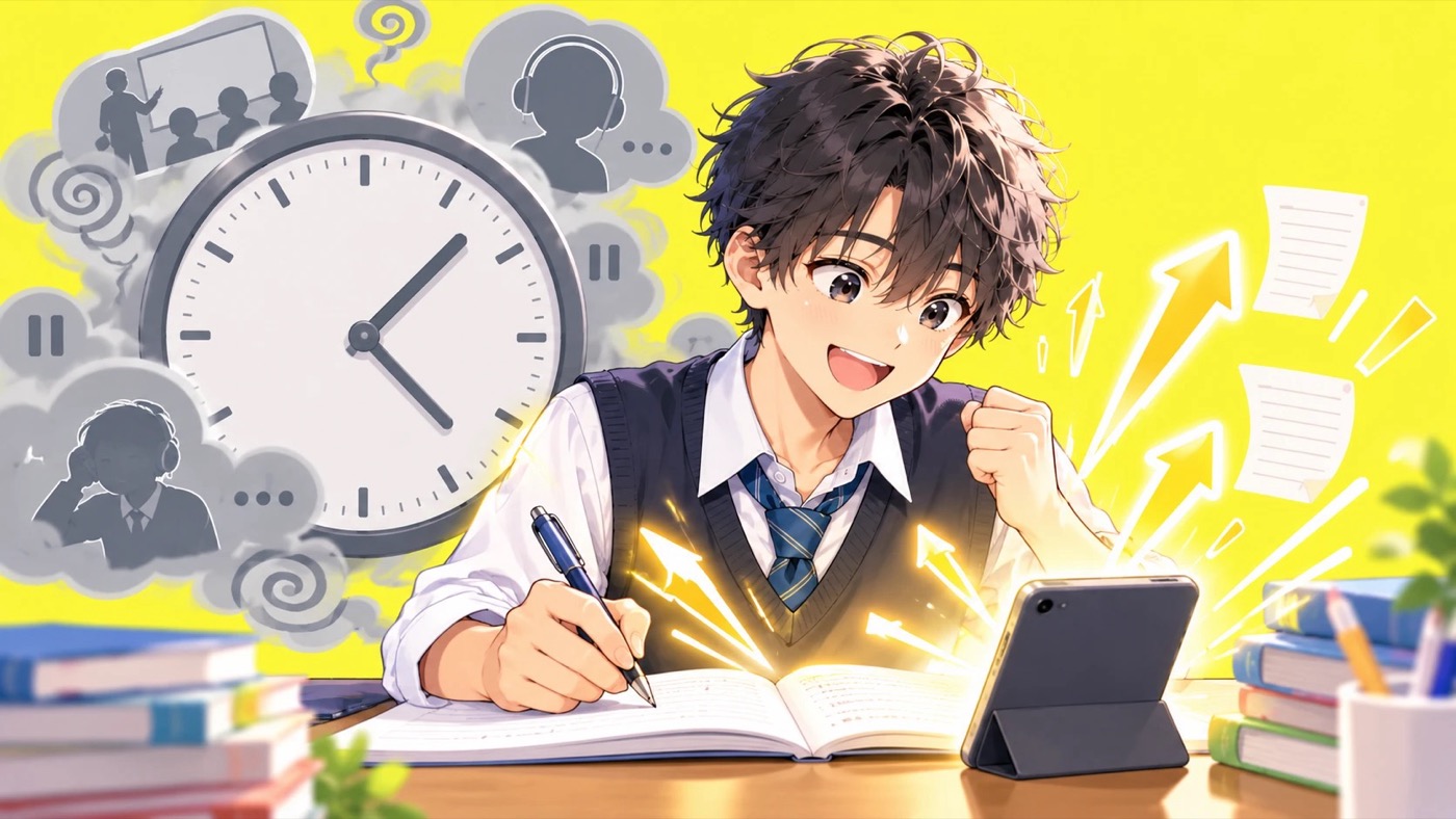 灰色の時計と待ち時間のモヤモヤを背に、タブレットとノートで前に進む中学生のイラスト